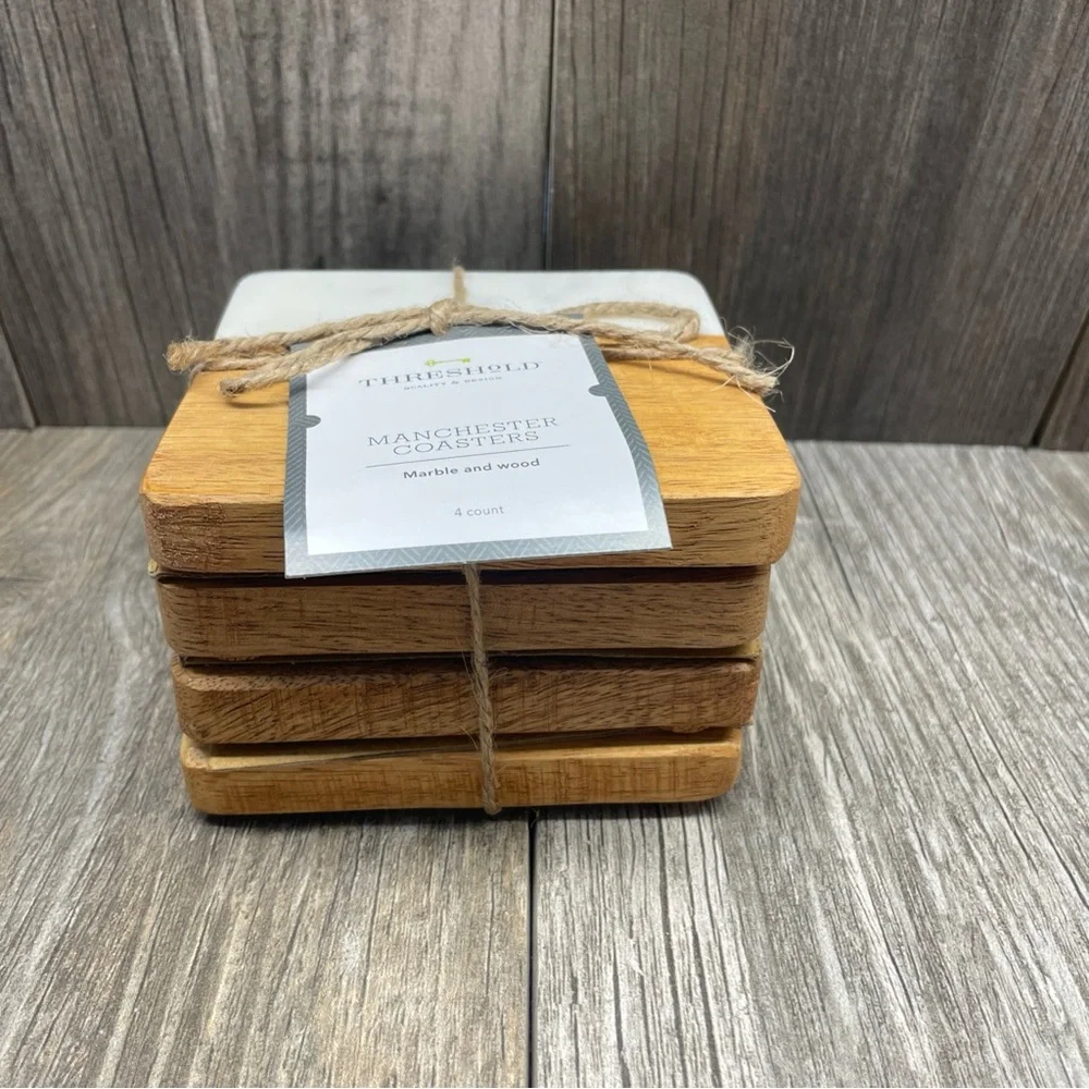 Threshold Quality & Design Set of 4 Manchester Marble & Wood Coasters NEW